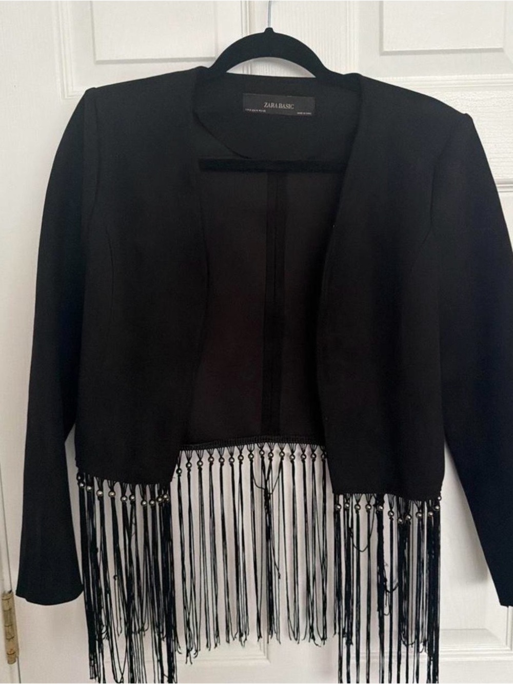 Zara Black Fringe Open-Front Cropped Blazer size M